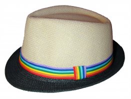 Rainbow Ribbon Straw Fedora Hat - Tan with Black Rim