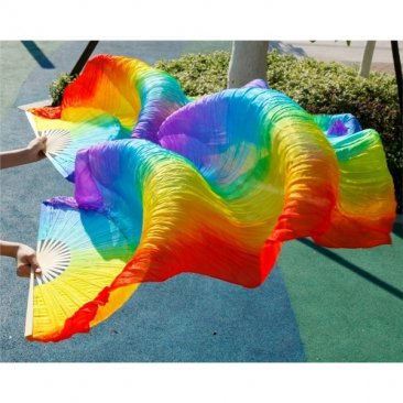 Handmade Rainbow 100% Real Silk Stage Performance Long Silk Veil Fan