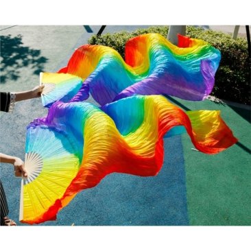 Handmade Rainbow 100% Real Silk Stage Performance Long Silk Veil Fan