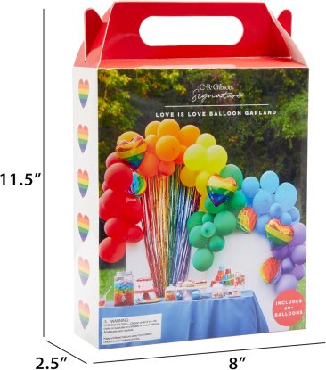 C.R. Gibson Love is Love Balloon Garland Arch Kit, 16 Foot Arch, 3.25 Foot Rainbow Fringe, 3 Rainbow Mylar Heart Balloons, and More, Over 60 Pieces