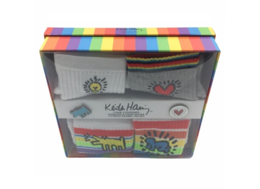 Keith Haring Socks and Pin Set, 2 Enamel Pins and 4 Socks Size 10-13 Style# KH960895