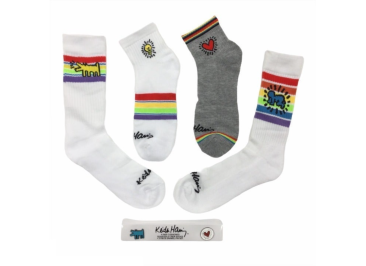 Keith Haring Socks and Pin Set, 2 Enamel Pins and 4 Socks Size 10-13 Style# KH960895