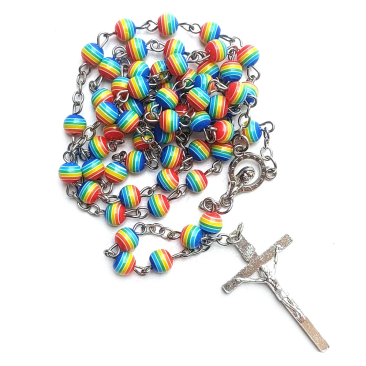 Rainbow Resin Rosary Necklace with Crucifix Pendant