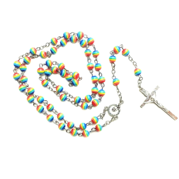Rainbow Resin Rosary Necklace with Crucifix Pendant