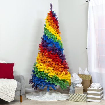 7ft Artificial Colorful Rainbow Full Fir Christmas Tree Holiday Seasonal Decoration w/ 1,213 Branch Tips, White Metal Stand